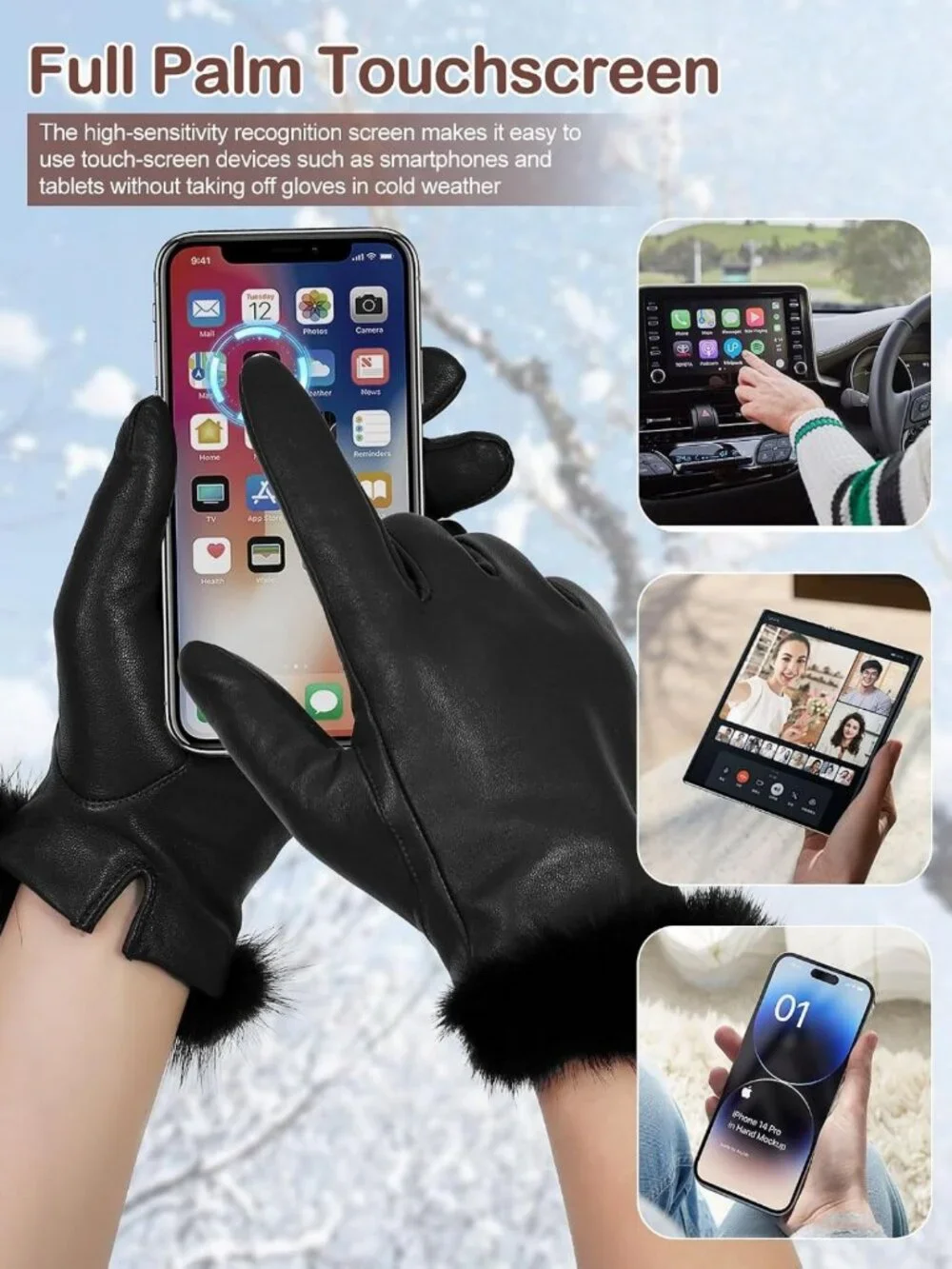 Warm Touchscreen Leather Gloves with Fur Cuff | Cashmere Lined Winter Driving